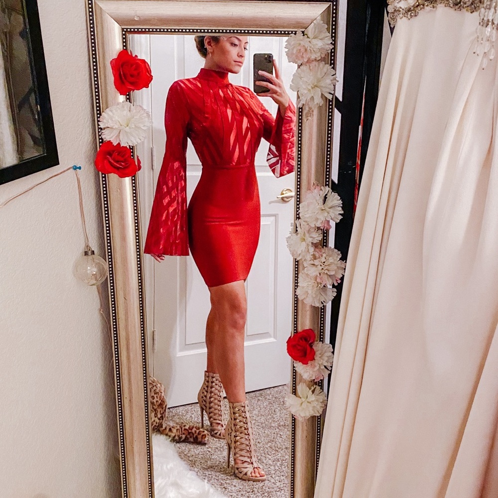 Backless sexy long bell sleeve bandage dress S green wow couture